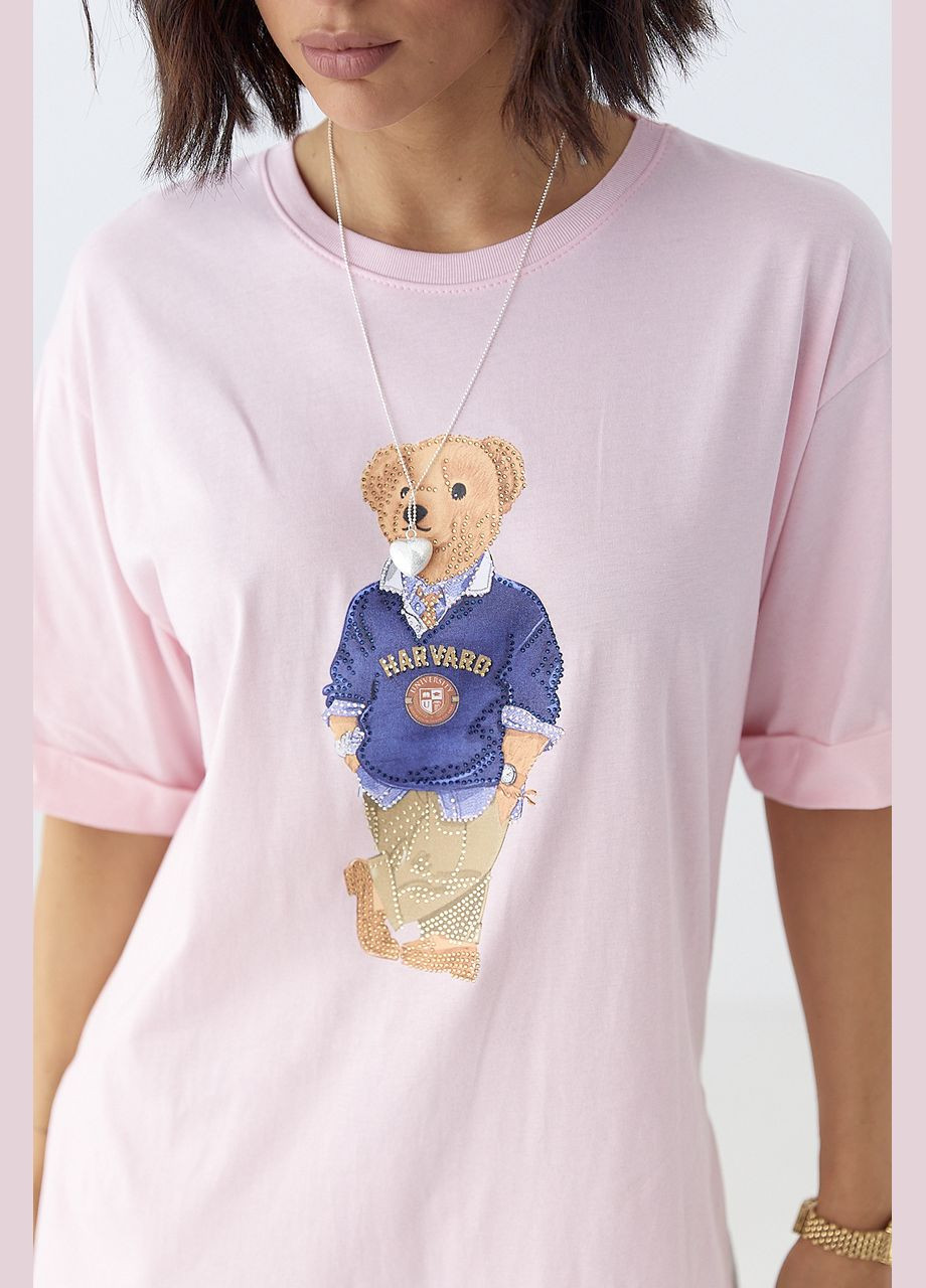 Футболка с мишкой и разрезами по бокам - розовый Lurex - (330988883)