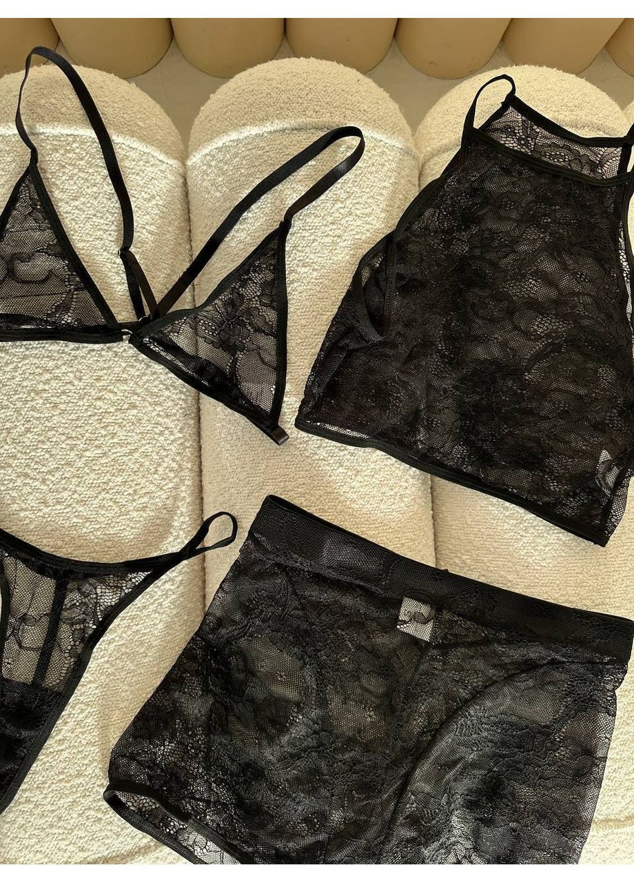 Чорний мінімайзер комплект білизни “lace cozy” | бра-топ, стрінги, шортики і топ, чорний Vital-Textile без кісточок поліестер, еластан