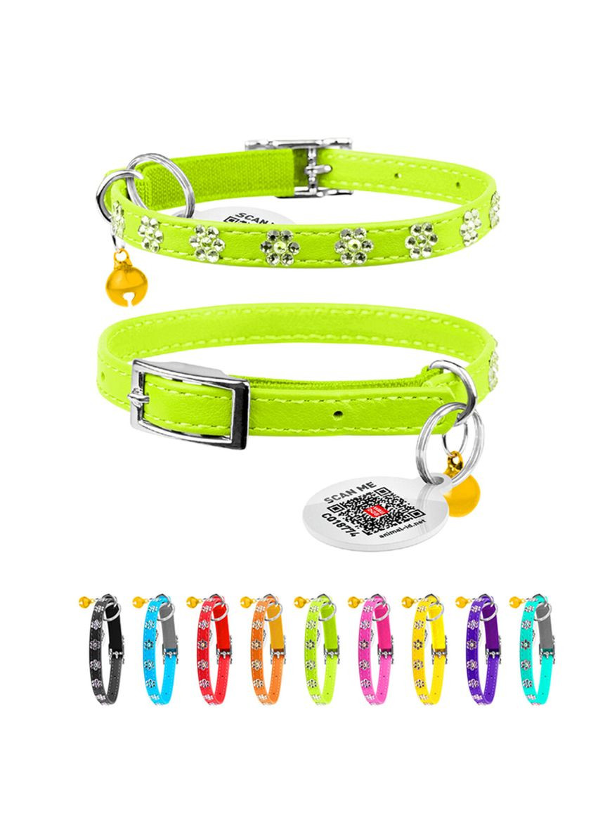 Ошейник WAUDOG Glamour с резинкой, стразы Цветочек, для кошек (ш 9мм, д 22-30см) салатовый Collar (321969880)