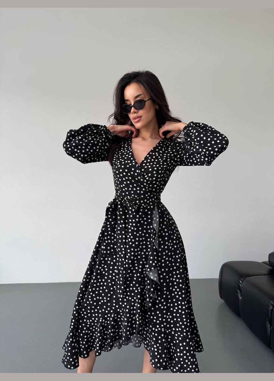 Черное легкое платье меди на запах в горох черного цвета 32585 на запах Fashion в горошек