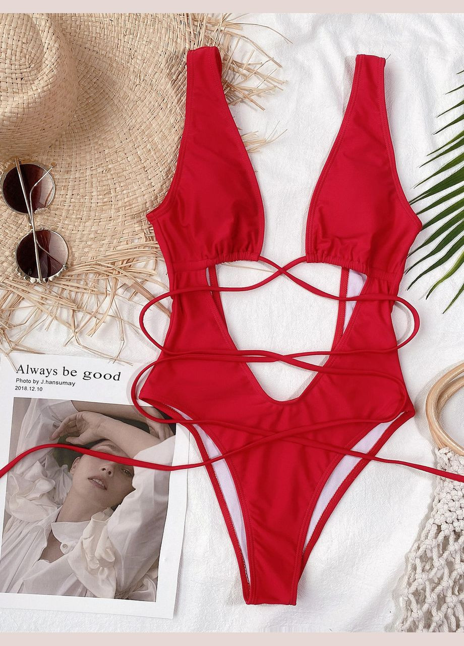 Червоний літній жіночий суцільний купальник монокіні цілісний No Brand