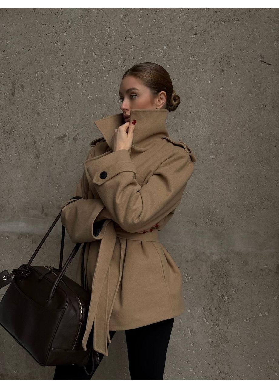 Бежевое демисезонное Утепленное кашемировое пальто на запах с отложным воротником и карманами — ЗАМЕР В ОПИСАНИИ GD/GL Модний простір