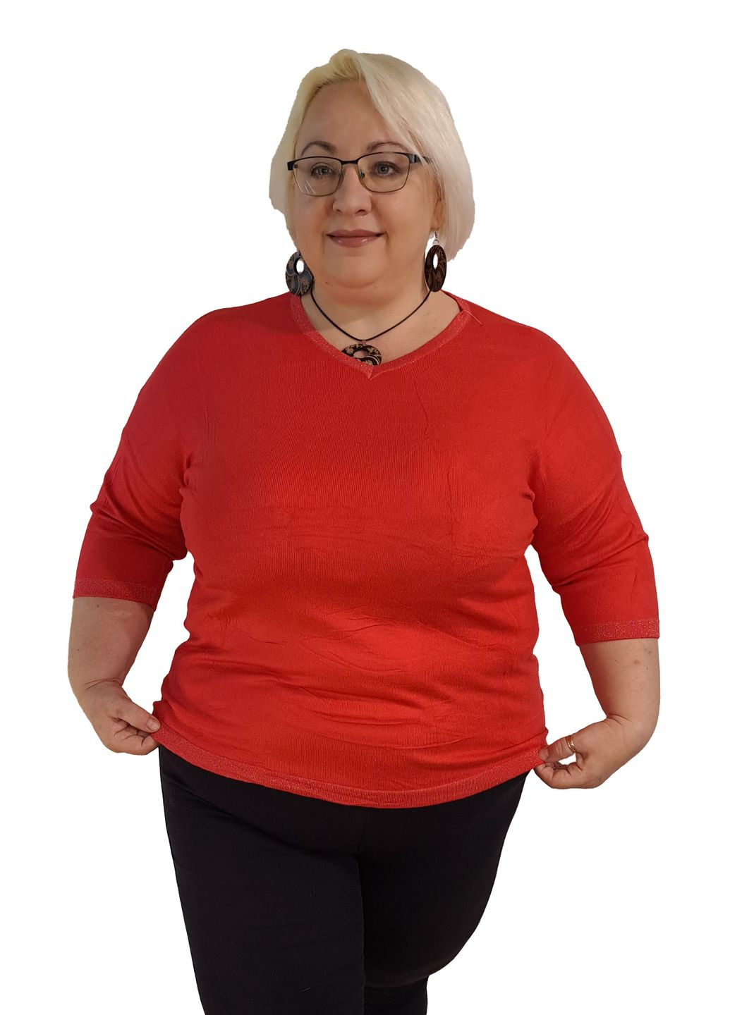 Полувер-американка жіночий з люрексом, однотонний, рукав 3/4, розмір батал в червоному кольорі No Brand (360894819)