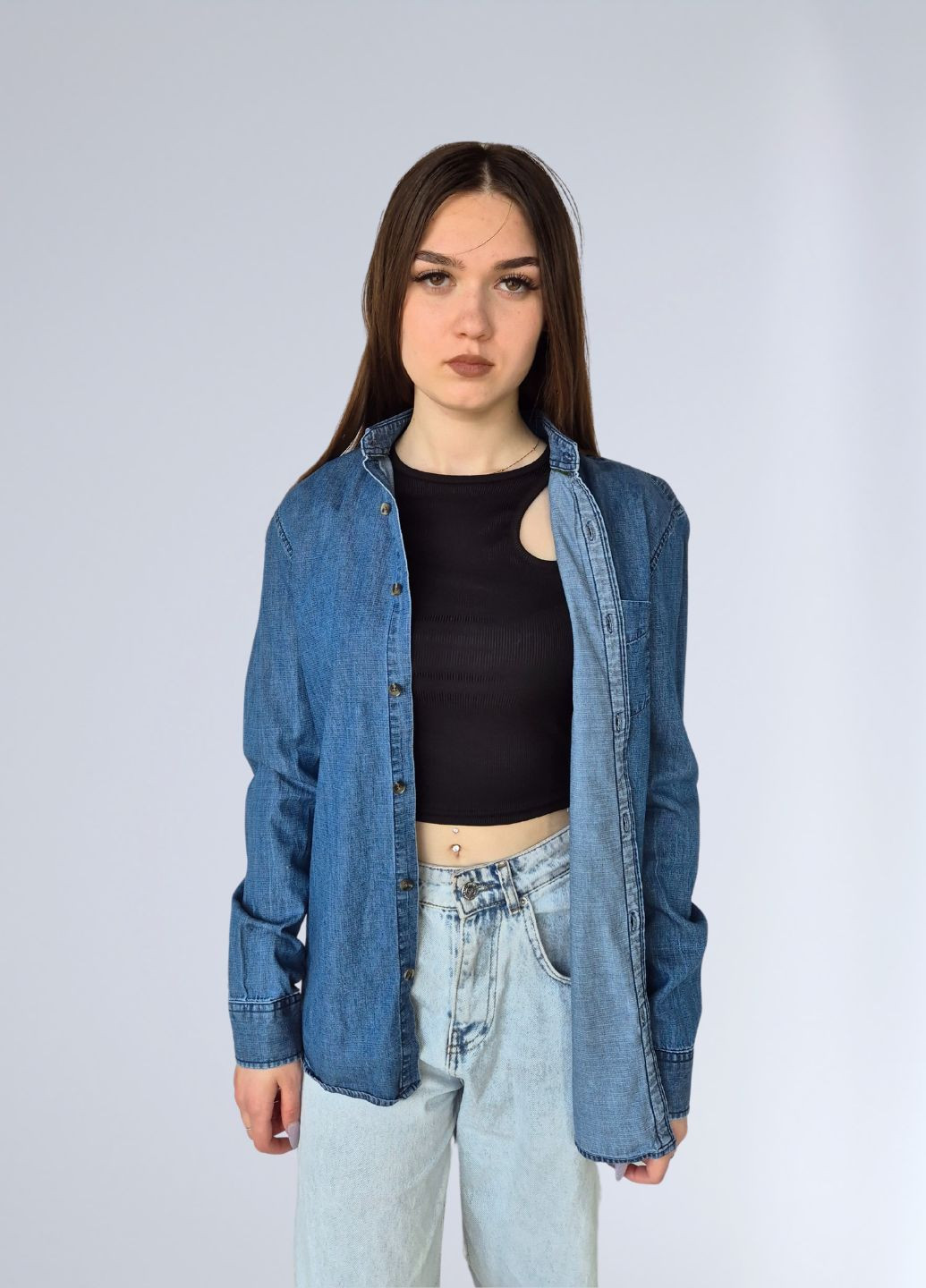 Синяя повседневный рубашка однотонная No Brand