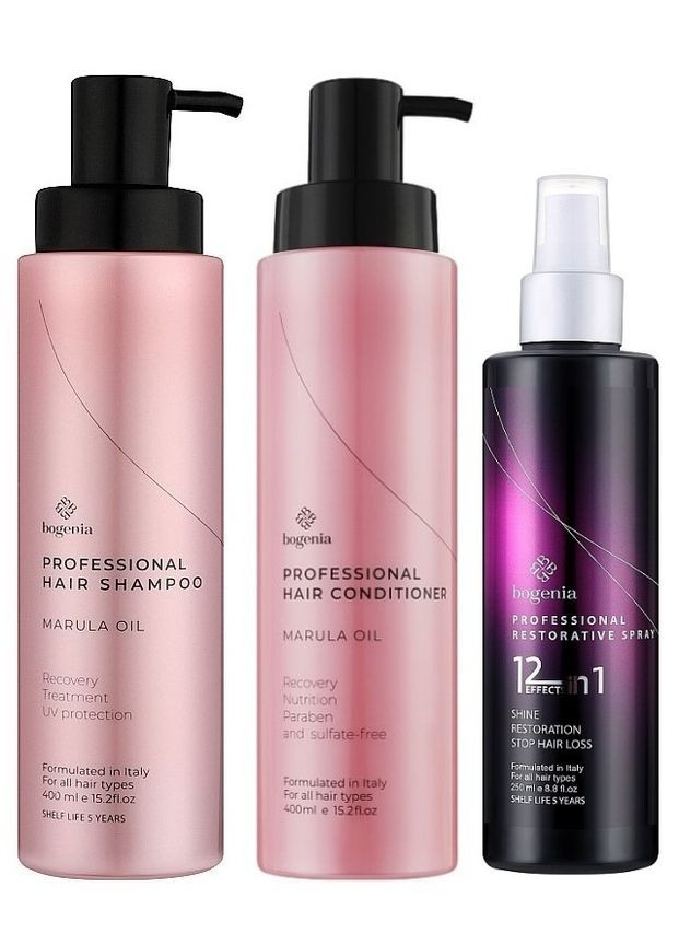 Професійний набір для волосся з олією марули: шампунь + кондиціонер + відновлюючий спрей 12 в 1 Professional Hair Marula Oil Bogenia (301765065)