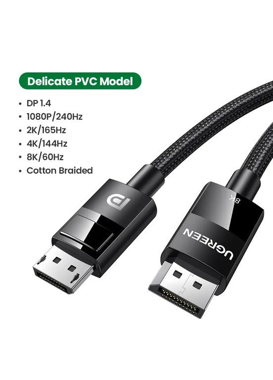 Кабель DisplayPort 8K DP114 DP1.4 Male to Male Plastic Case Braided Cable 2 м Black (80392) Ugreen (307802652)