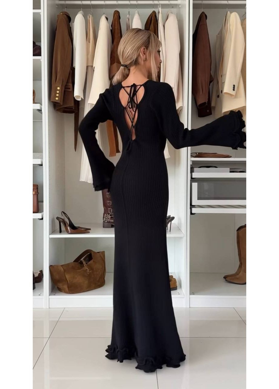 Чорна вечірня елегантна сукня з рубчика в’язки (люкс якість) — замір в описі Vione однотонна