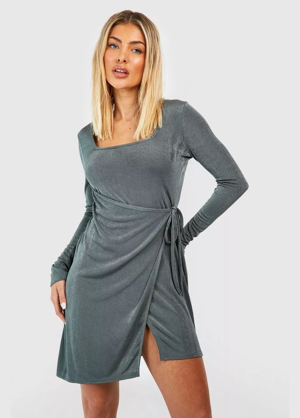 Оливковое коктейльное платье Boohoo однотонное