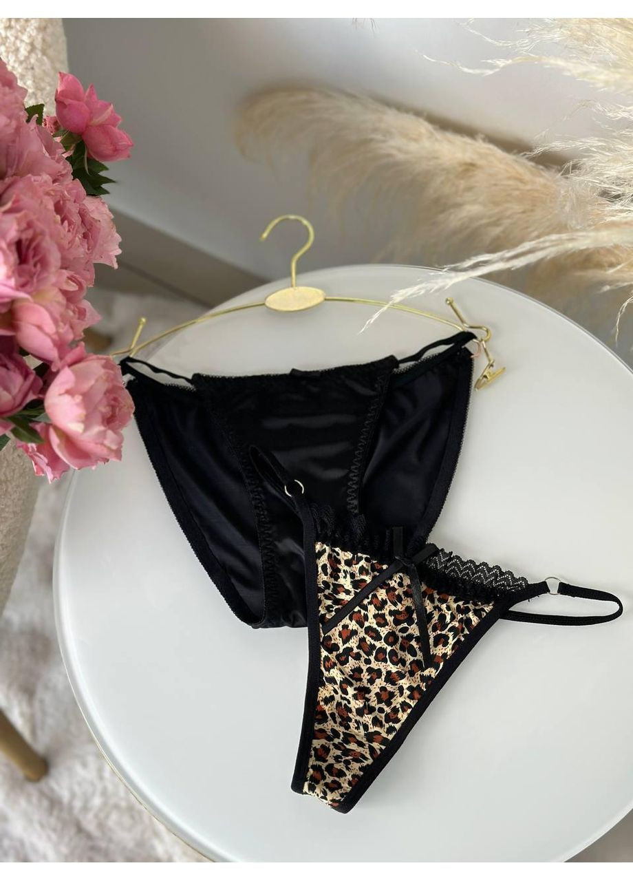 Сет женских трусиков черный/леопард с кружевом. Комплект женского нижнего белья из двух трусов с леопардовым принтом. No Brand (365550027)