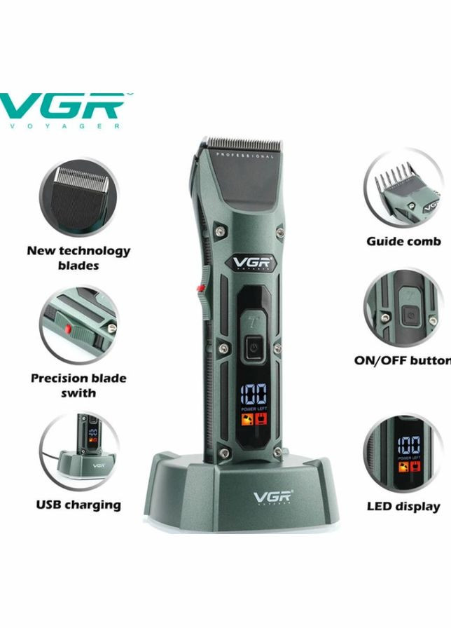 Аккумуляторная беспроводная машинка для стрижки волос с LED дисплеем и ТУРБО режимом зеленый с черным VGR V-696 (325880431)