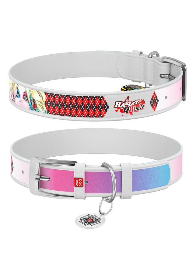 Нашийник для собак шкіряний WAUDOG Design з QR паспортом, малюнок "Харлі Квін", Ш 25 мм, Дов 38-49 см, білий No Brand (363197249)