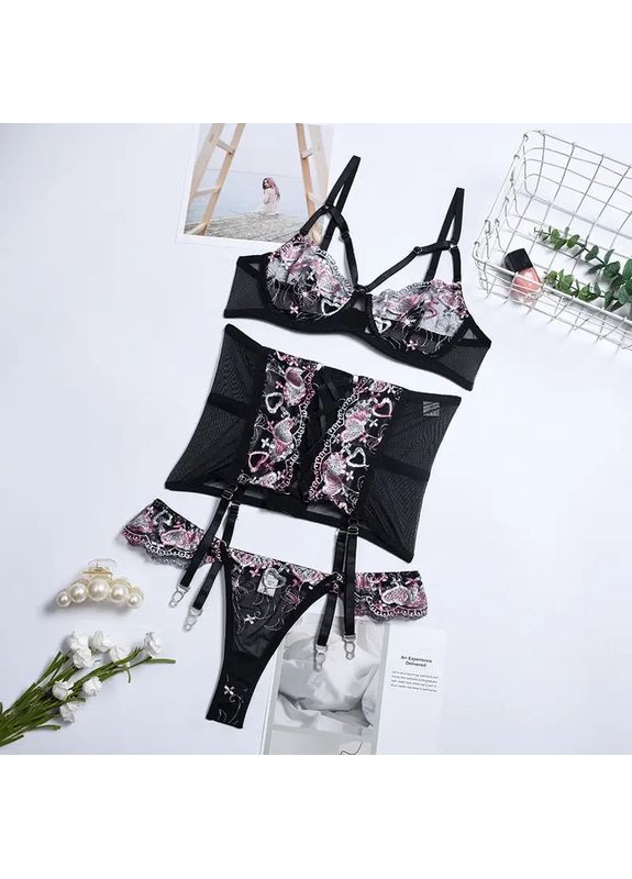 Черный демисезонный черный кружевной комплект нижнего белья с поясом с подтяжками и утяжкой. черное женское нижнее белье с корсетом China