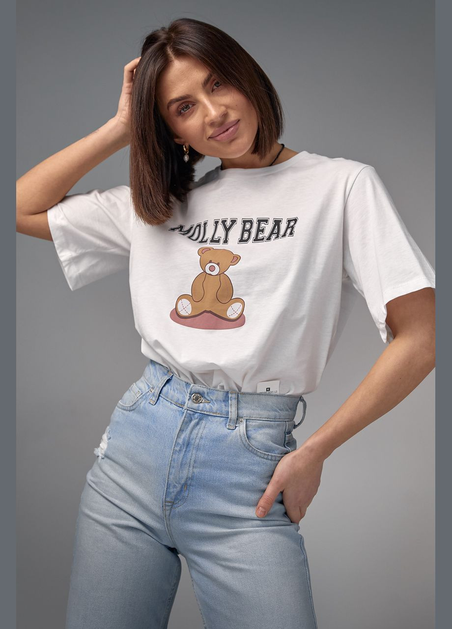 Молочная летняя хлопковая футболка с принтом медвежонка Lurex