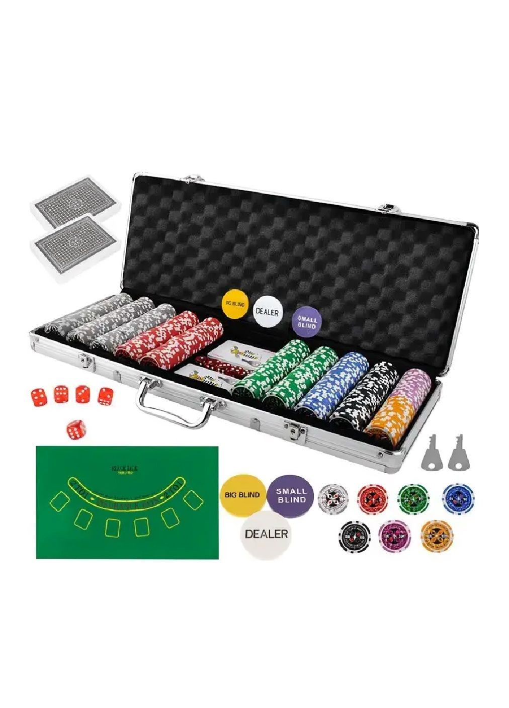 Набор комплект для покера с фишками игральными картами жетонами функций в алюминиевом кейсе чемодане 500 фишек (479268-Prob) Unbranded (316551855)