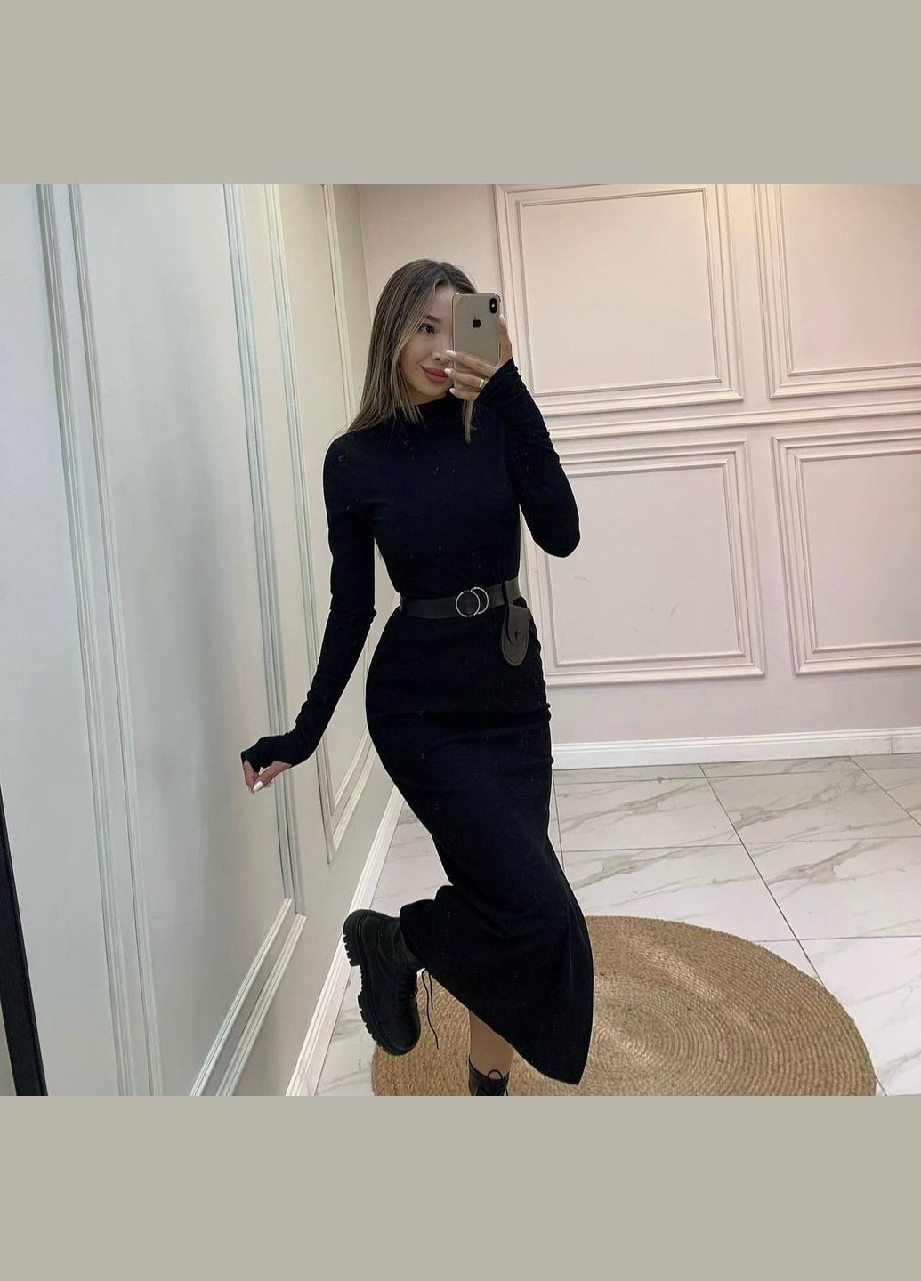 Темно-синя приталена довга сукня з ременем і довгим рукавом з якісного турецького рубчика, синя універсальна сукня-максі No Brand