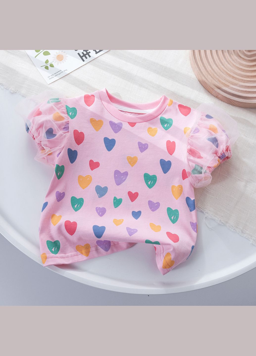 Розовая демисезонная футболка детская в сердечки (90см) (14074) Qoopixie