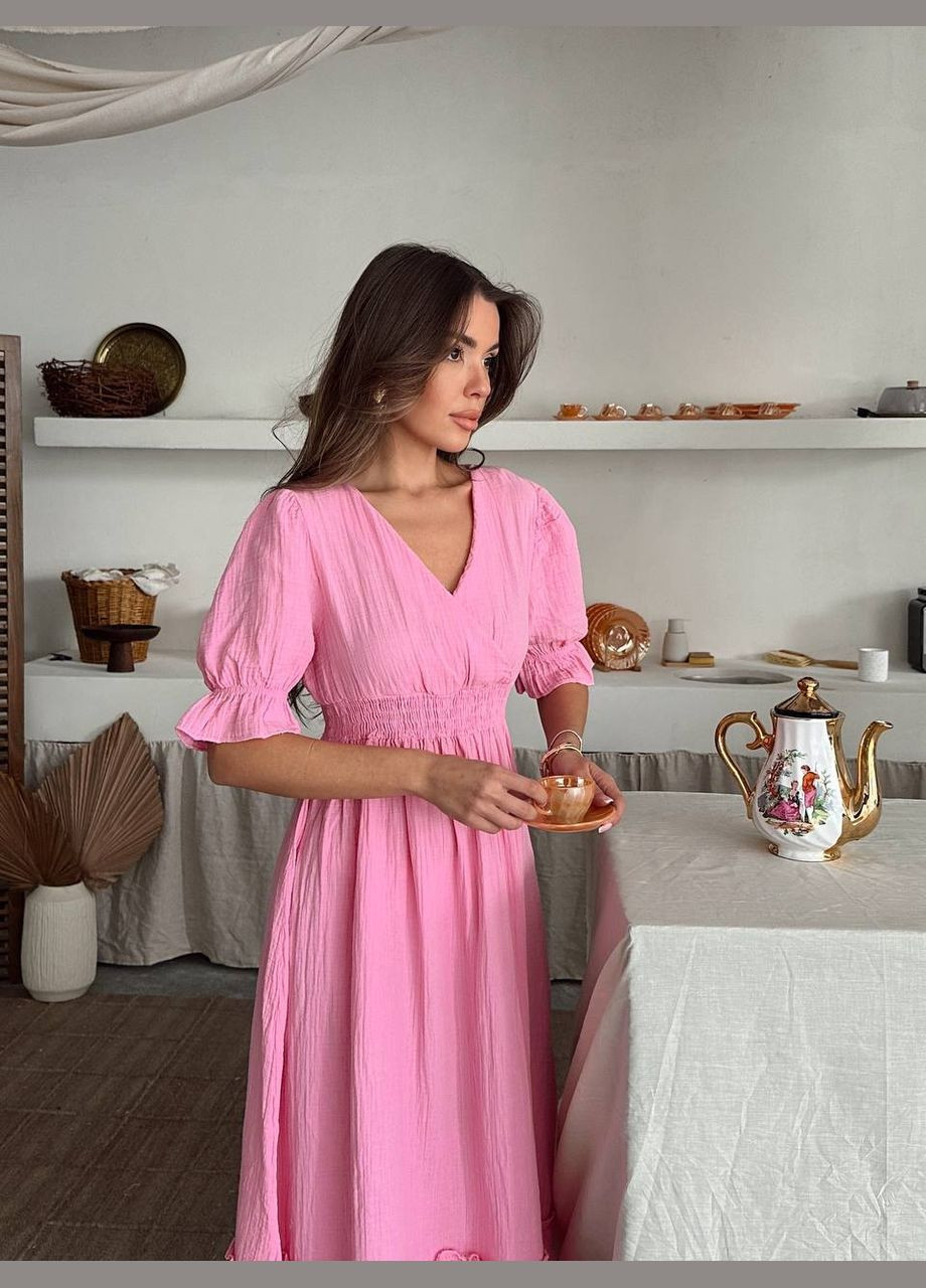 Рожева рожева довга сукня з натуральної тканини з рукавами по лікоть, стильна та зручна, ідеальна для літніх днів. No Brand однотонна
