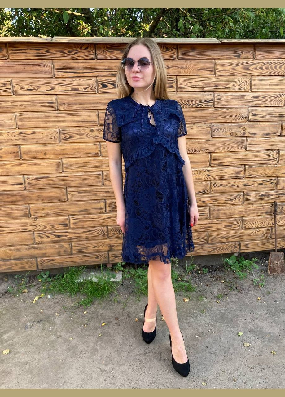 Синее повседневный женское гипюровое платье турция No Brand