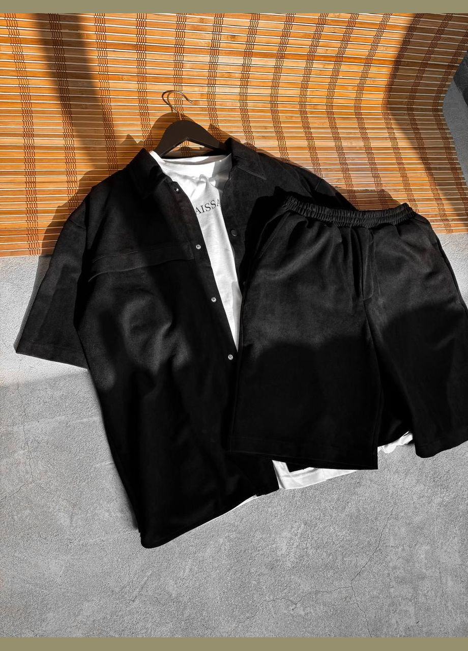 Чорний літній трендовий літній костюм з шортами, з сорочкою No Brand