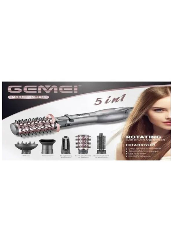 Електрична фен щітка стайлер GM-4858 для сушіння укладання волосся Сірий 1000 Вт 5 насадок дифузор Gemei (323000712)