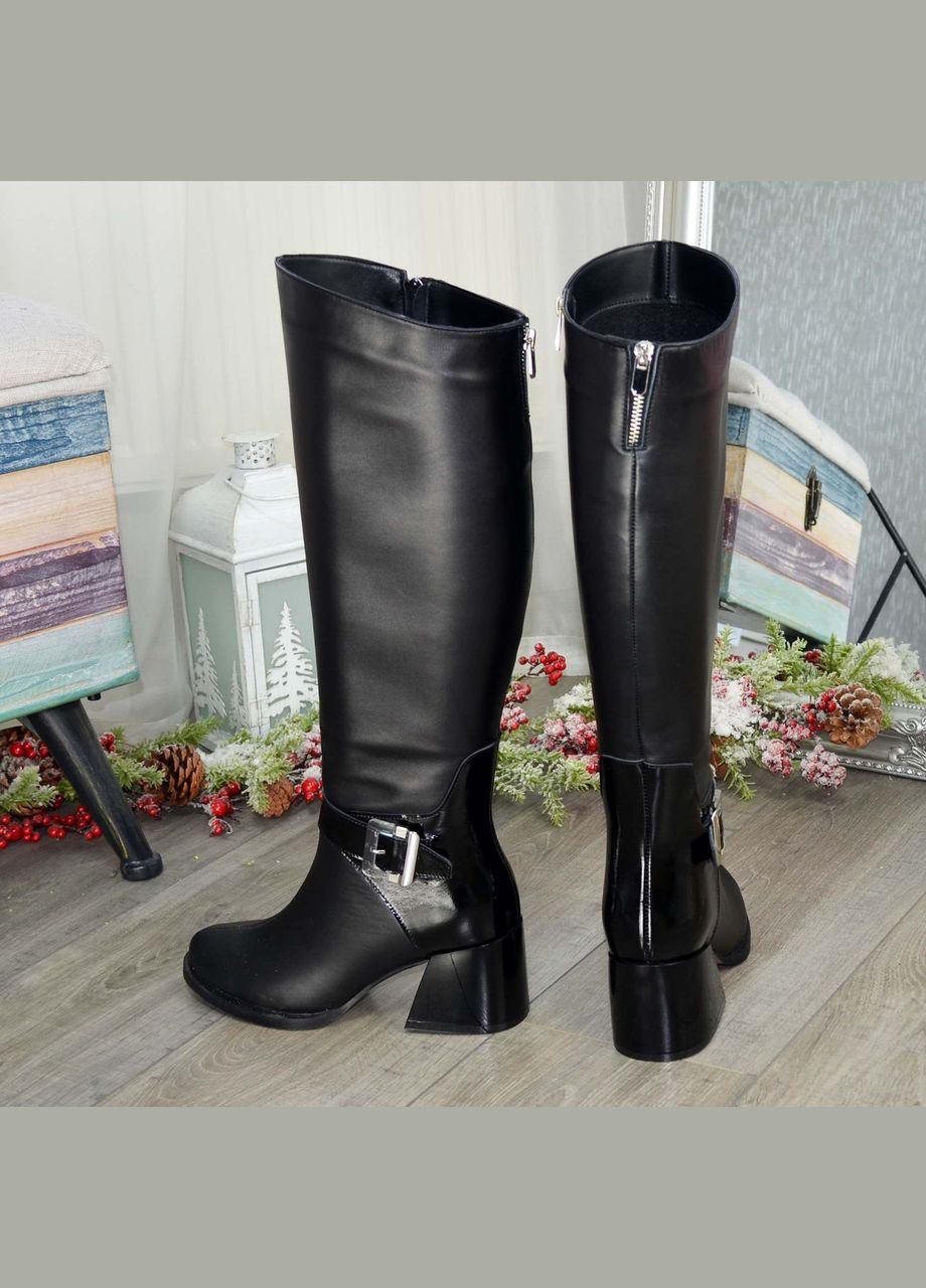 Зимние высокие черные женские сапоги на каблуке. натуральная кожа и лаковая кожа. 40 размер, голень 44 см Vasha para