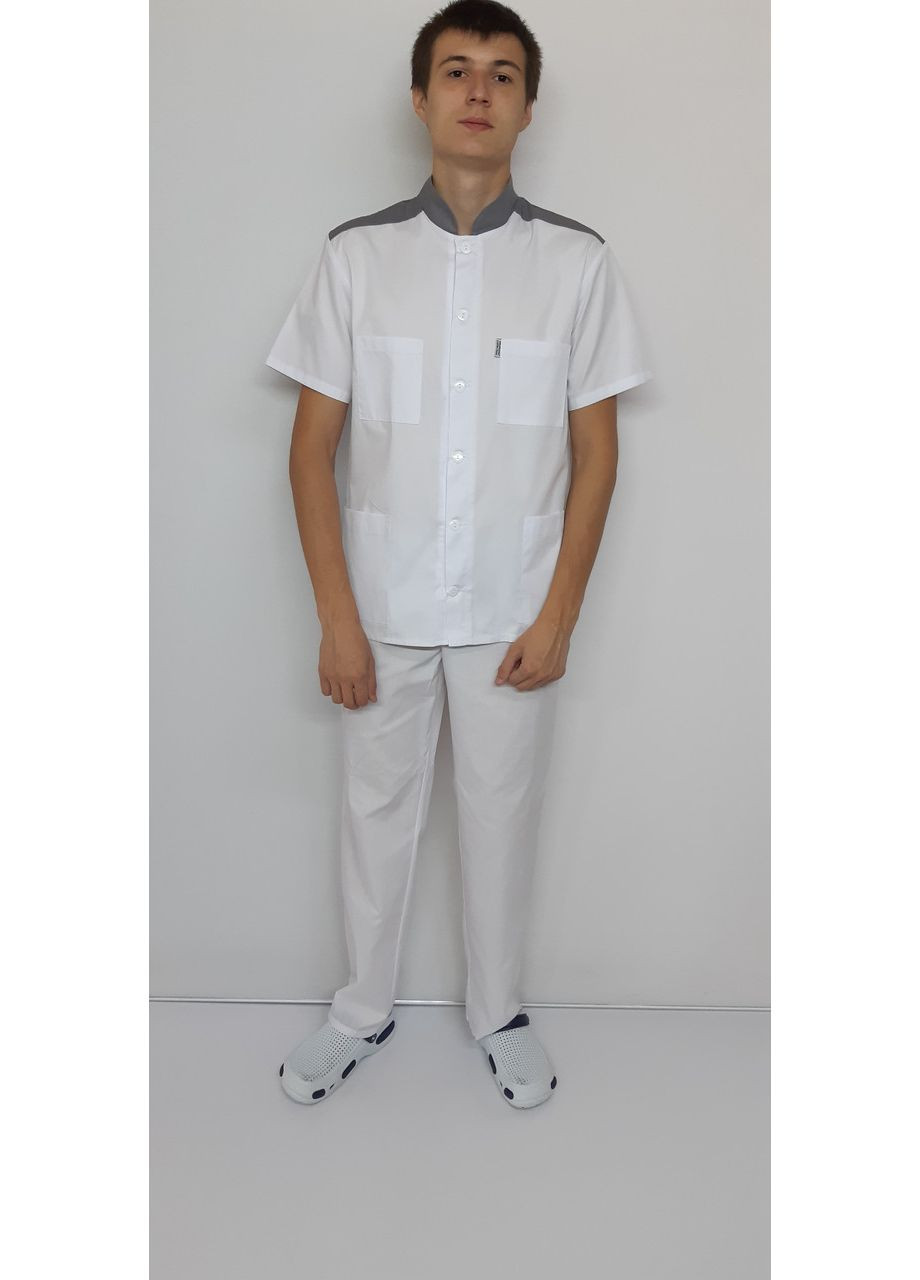 Білий демісезонний медичний чоловічий костюм стійка котон на ґудзиках короткий рукав No Brand