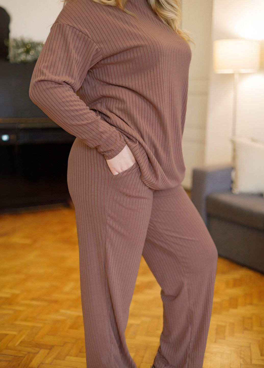 Трикотажный костюм женский демисезонный оверсайз в рубчик в рубчик No Brand (362660012)