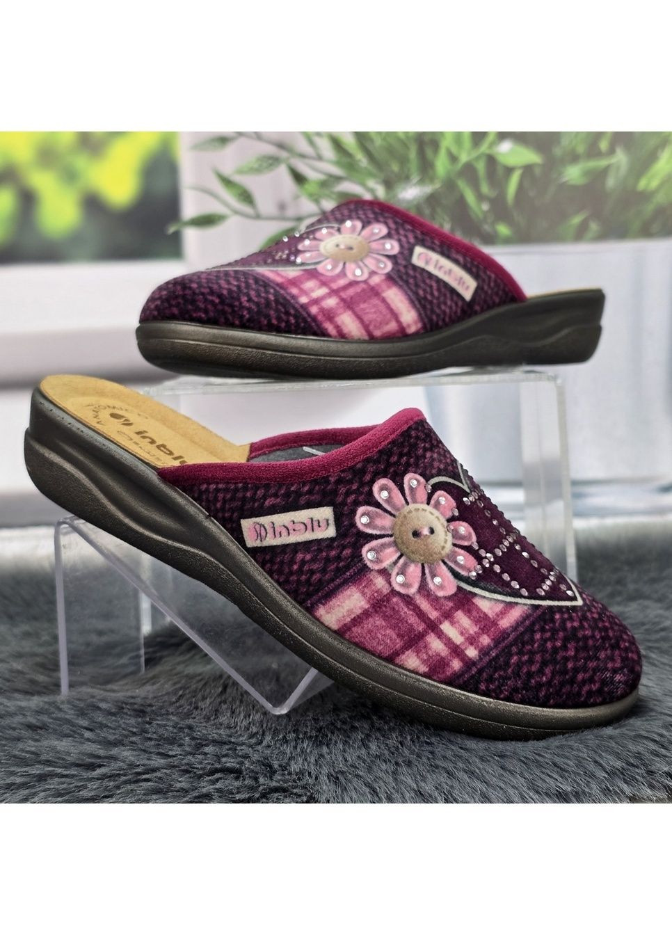 Тапочки жіночі для дому сливові велюрові зі шкіряною устілкою на танкетці Inblu (366144489)