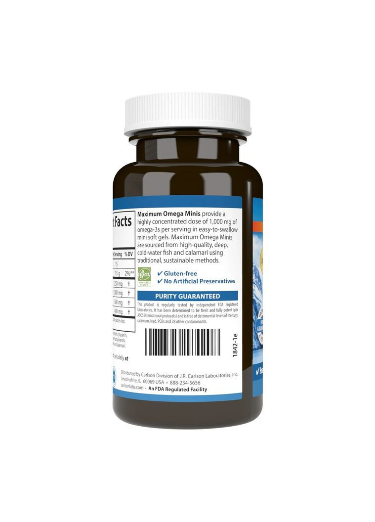 Омега Максимум, 1000 мг, вкус Лимона, Maximum Omega Minis,, 60+20 желатиновых мини капсул Carlson Labs (322741195)