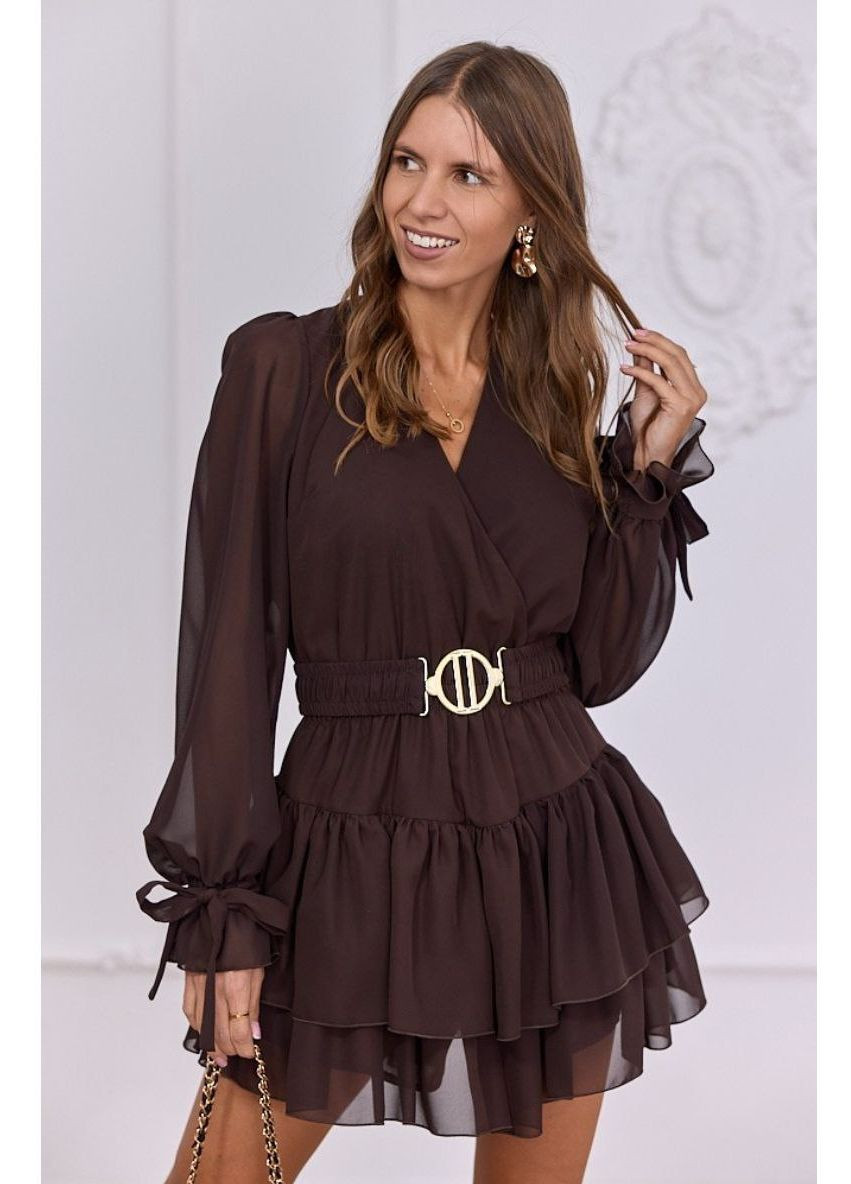 Коричневое праздничный, кэжуал женское платье с воланами Style Point однотонное