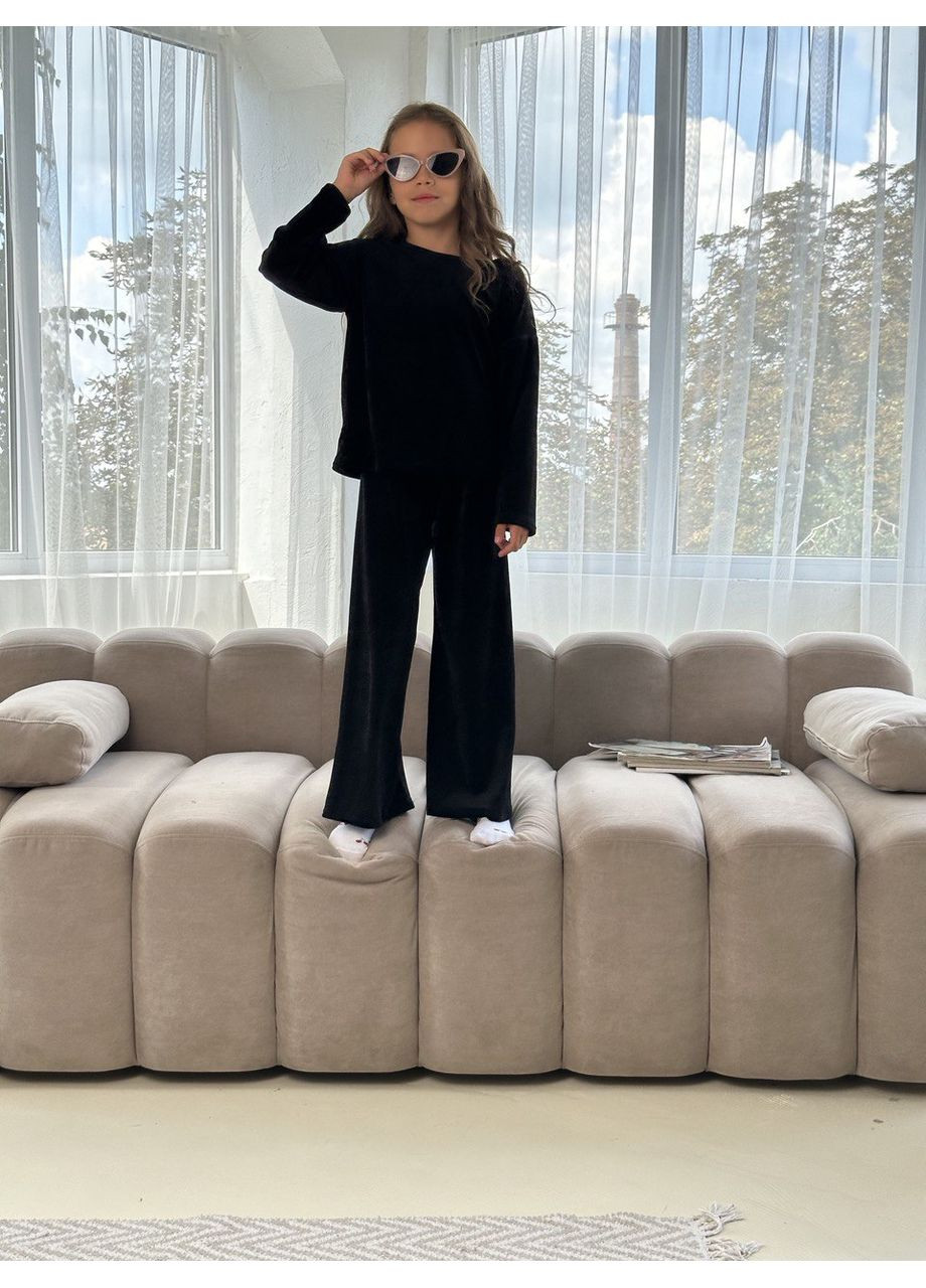 Чорна зимня дитяча велюрова піжама "3 в 1" для дівчинки (шорти, штани і лонгслів), леопард, 140 футболка + шорти + брюки No Brand