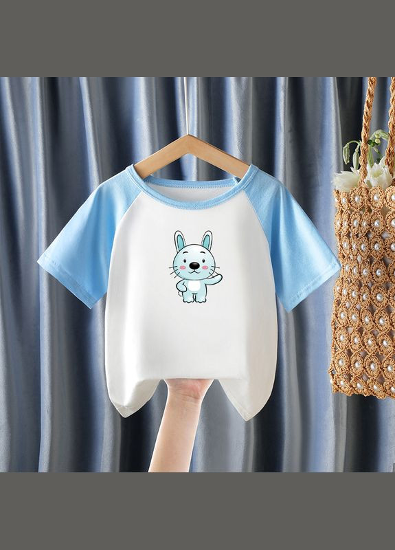 Голубая демисезонная футболка детская двухцветная с зайцем ( 90см ) (12143) Qoopixie