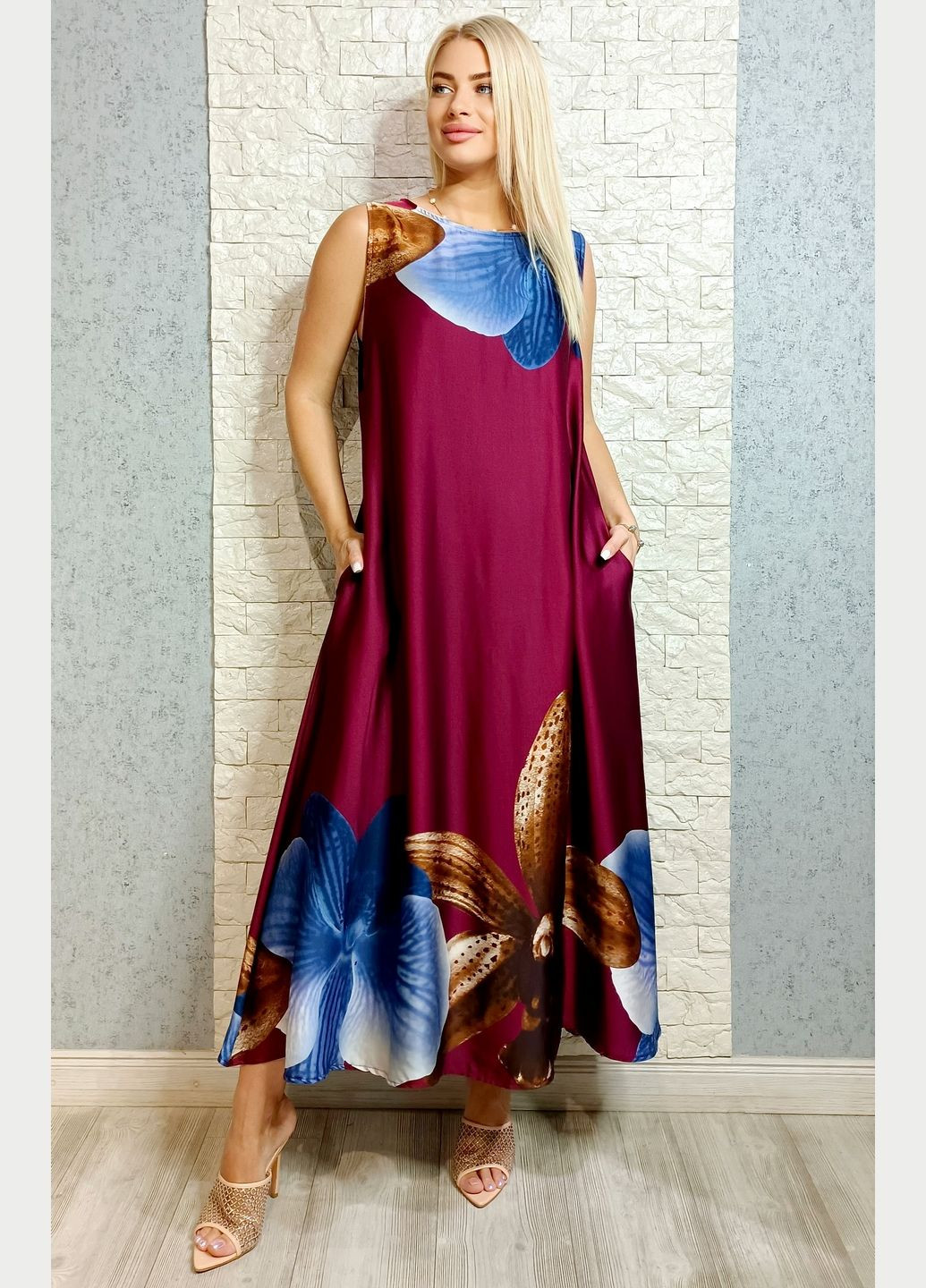 Бордовое повседневный, кэжуал платье а-силуэт LUX LUNA с цветочным принтом