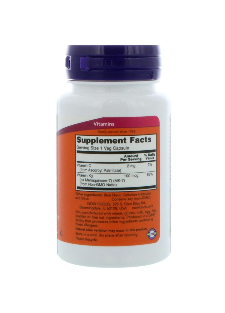 Витамин К2, МК-7 Vitamin K-2,, 100 мкг, 60 капсул Now Foods (366734596)