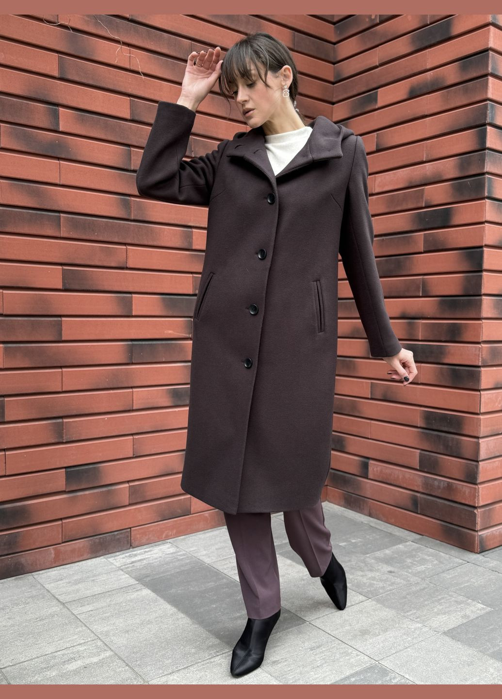 Темно-коричневое демисезонное Демисезонное коричневое пальто с капюшоном 4453 Cat Orange