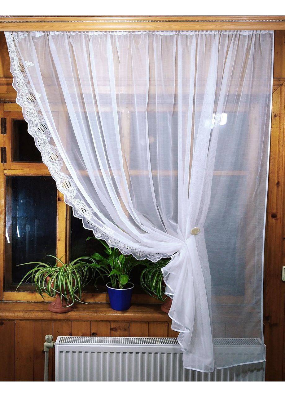Кухонная готовая короткая занавеска Ажур белая бамбук вышивка правая No Brand (372133953)