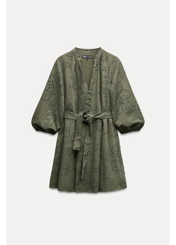 Оливкова (хакі) поплінова сукня з прорезиненою вишивкою Zara