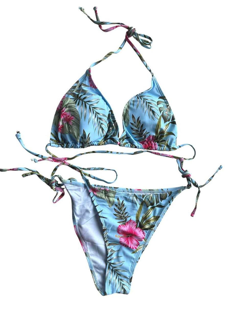 Голубой демисезонный купальник раздельный голубой с тропическим принтом. раздельный No Brand 7864