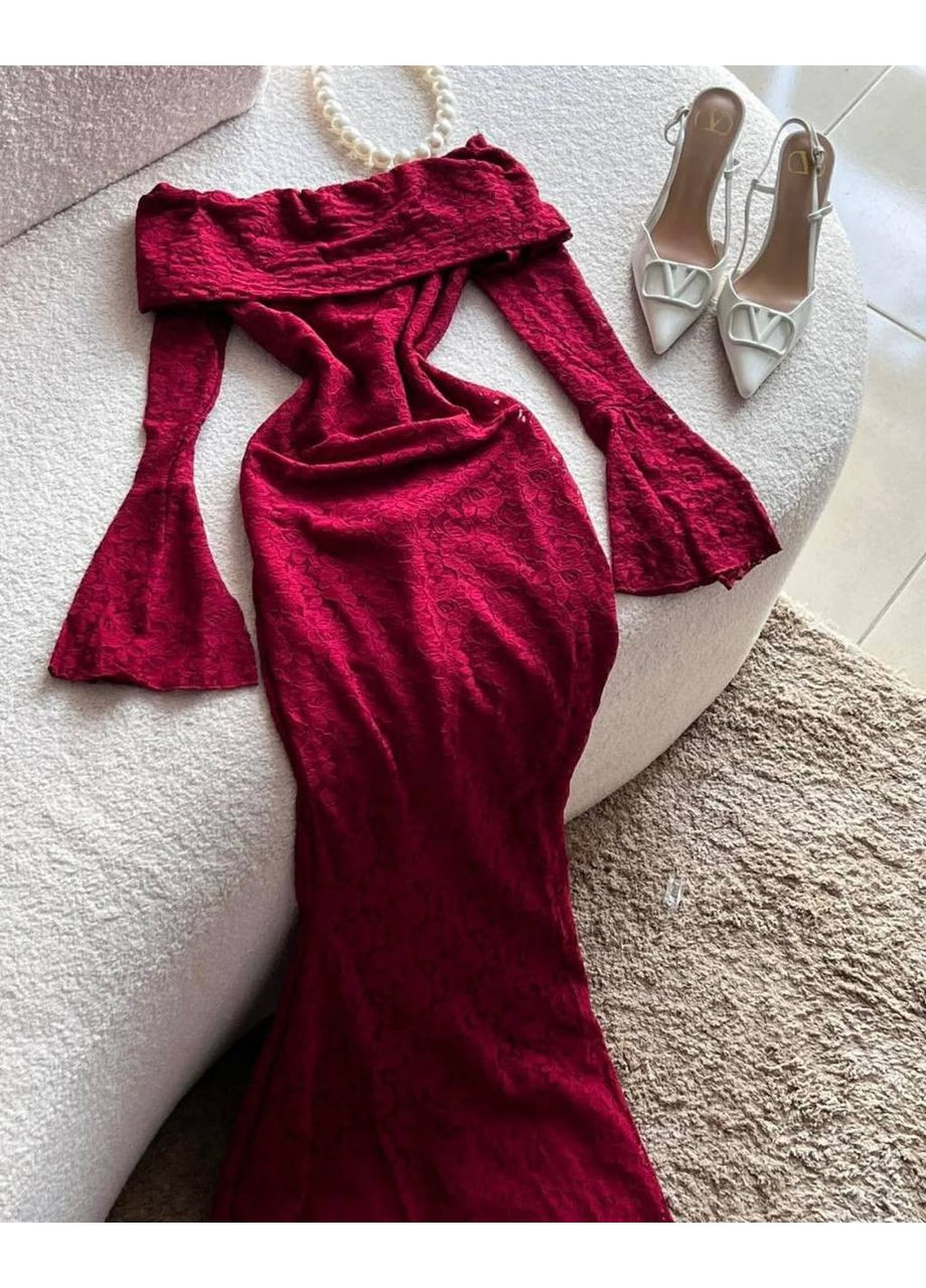 Бордовое вечернее кружевное платье со спущенными плечами макси — замеры в описании GD/GL Модний простір однотонное