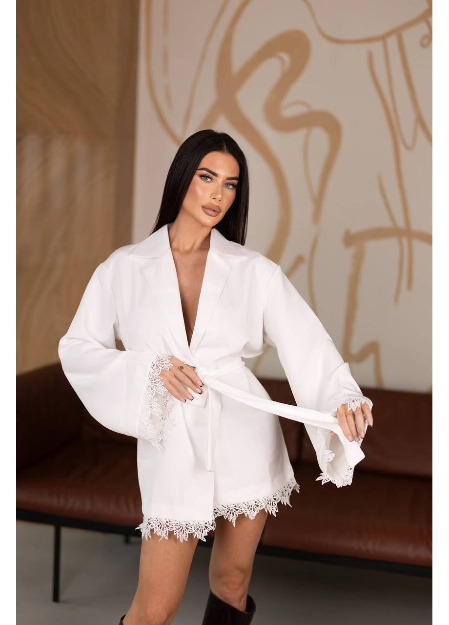 Молочное платье-пиджак с кружевом костюмка платье-жакет No Brand