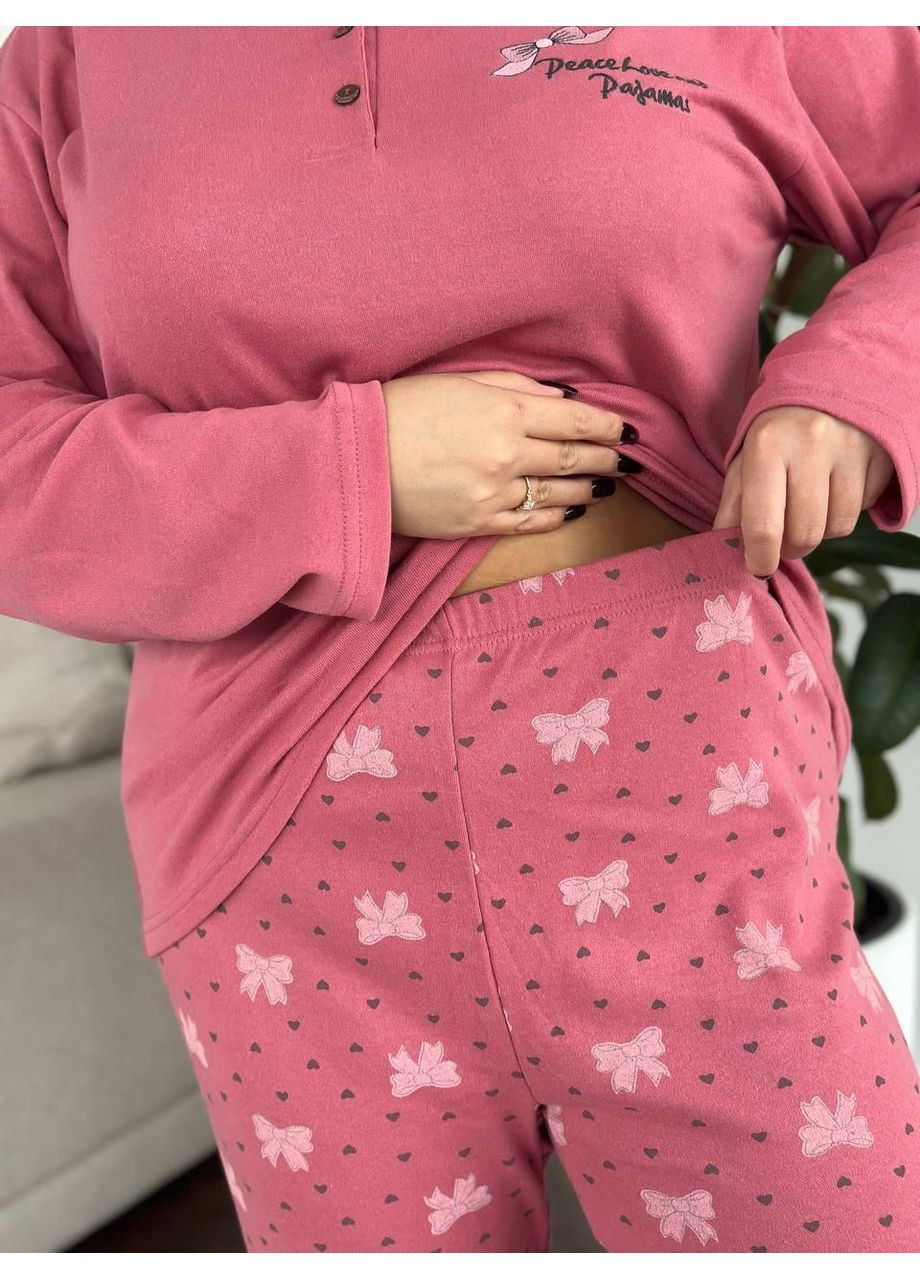 Рожева жіноча піжама plus size рожева з принтом котиків / піжама жіноча великих розмірів рожева трикотажна No Brand
