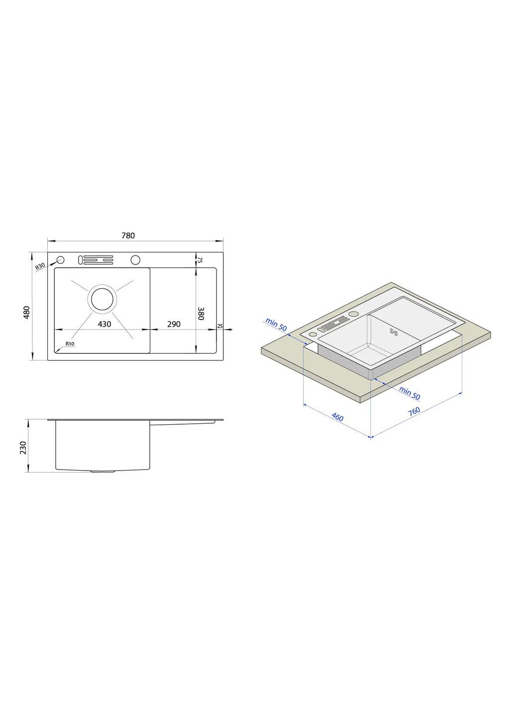 Накладная мойка на кухню с правым крылом 1.5 мм NS-7848(R) Nett NS-7848(R) (352730015)
