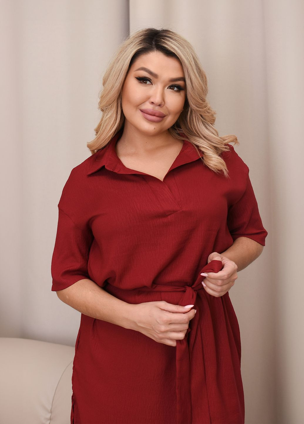 Бордовое повседневный, кэжуал котоновое платье-поло летнее с коротким рукавом и поясом а-силуэт, поло No Brand однотонное