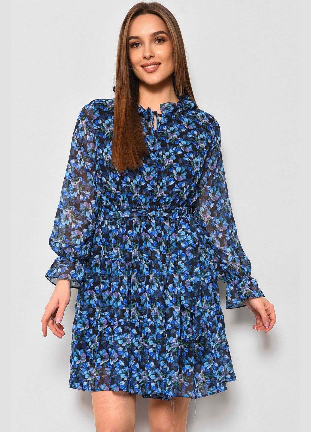 Синя кежуал сукня жіноча шифонова синього кольору з принтом балон Let's Shop з квітковим принтом