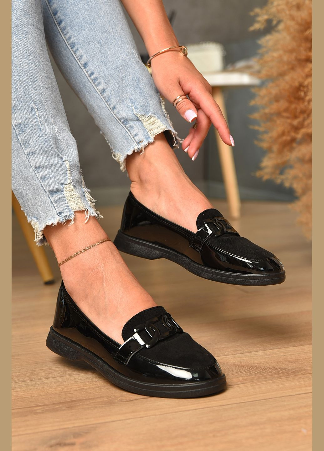 Let's Shop Туфлі-лофери жіночі чорного кольору лофери чорний з текстиль, україна — демісезон (346390952)