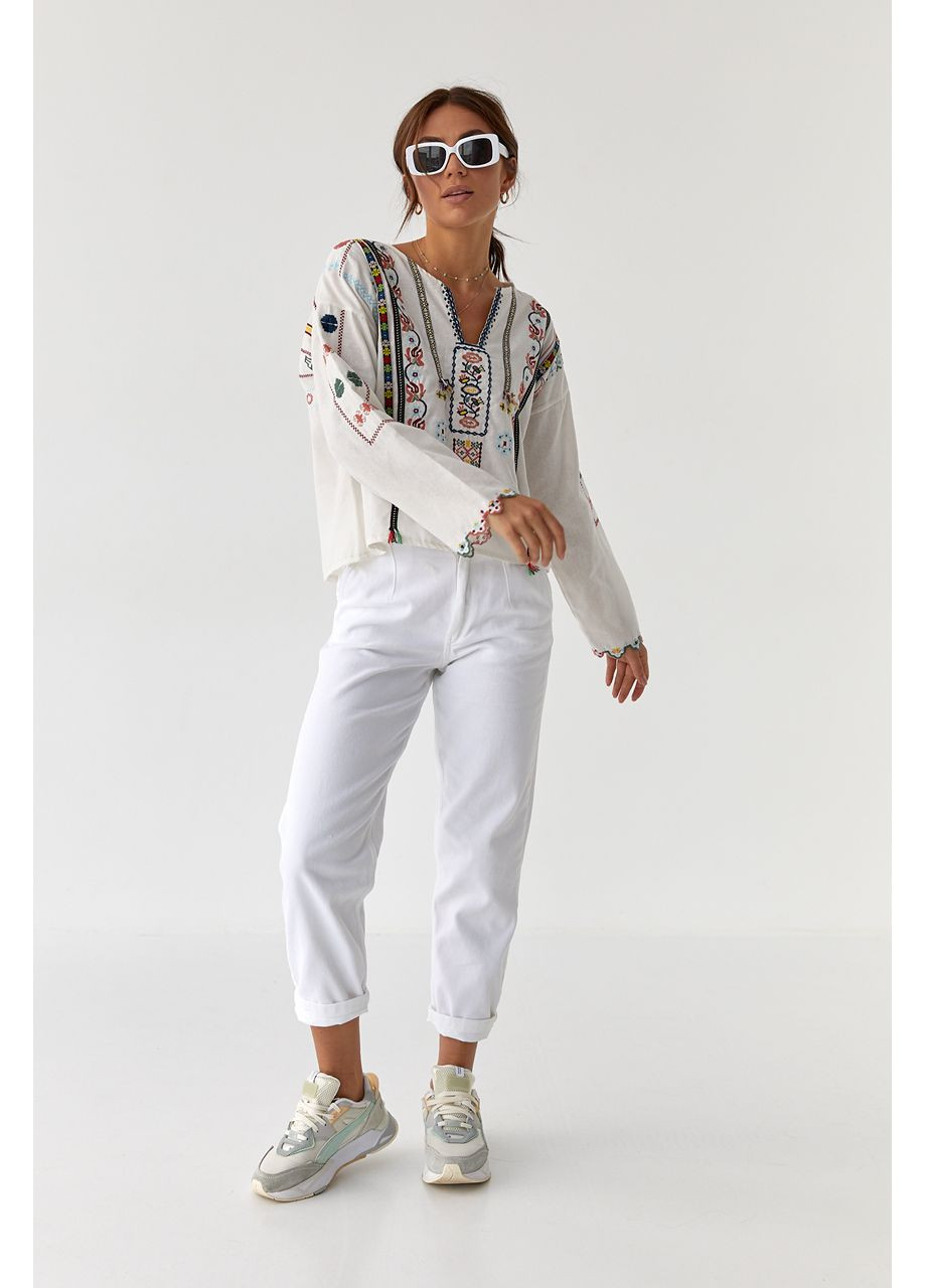 Молочная женская вышиванка с длинными рукавами. ESQ хлопок (354699914)