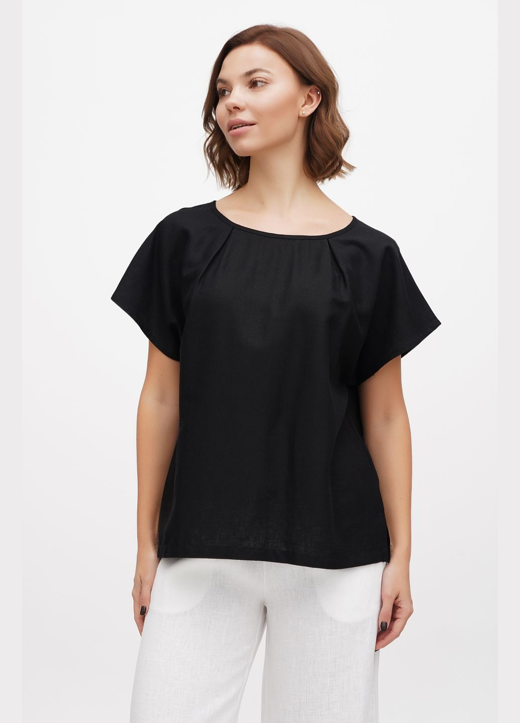 Чорна жіноча блуза футболка з тонкого напів льону з коротким рукавом однотонна без вишивки нота., р., код 9412/44/147 ГАЛЕРЕЯ ЛЬОНУ