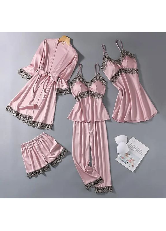 Атласный комплект украшен кружевом для сна и дома. Халат с пеньюаром, пижамой и брюками China (360864265)