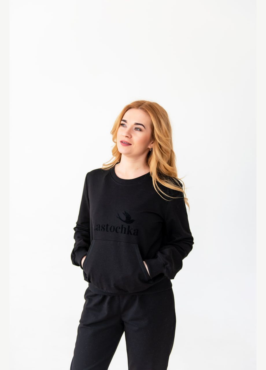 Черное спортивное женское худи оверсайз с черной надписью с рисунком с карманом-кенгуру с длинными рукавами без капюшона No Brand (314838717)