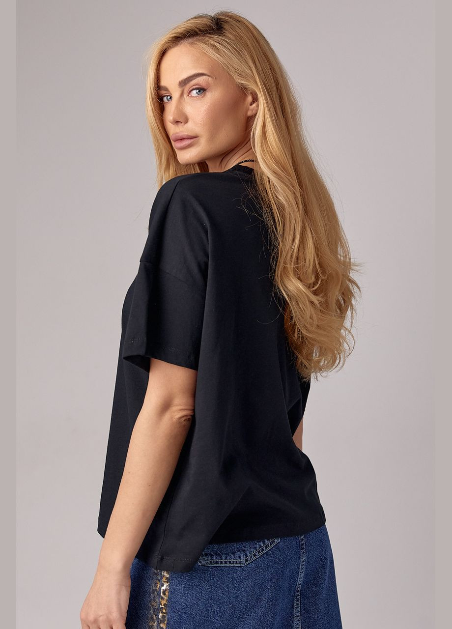 Черная летняя женская футболка oversize с принтом бабочки Lurex